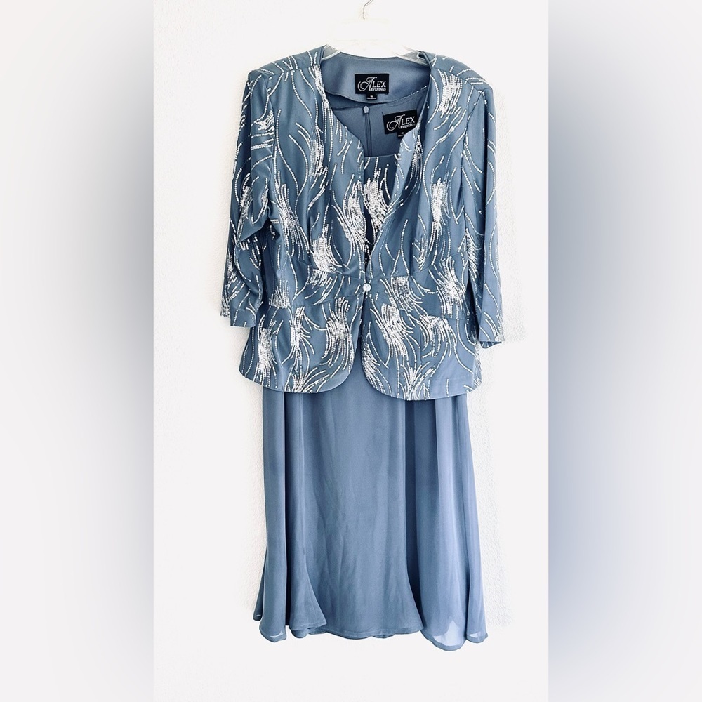 Alex Evenings Steel Blue Midi Dress & Jacket Mother of the Bride Wedding Guest